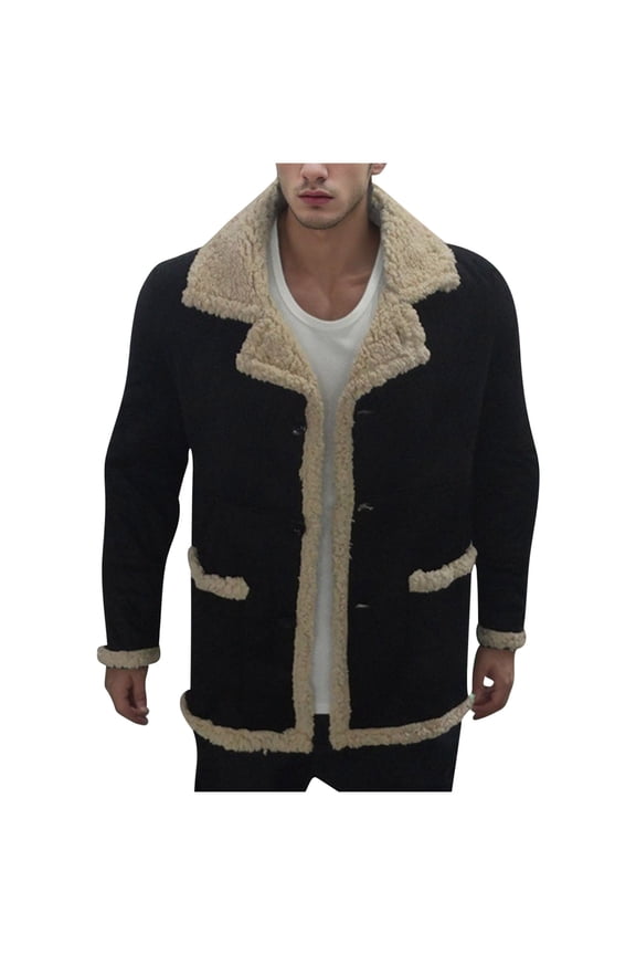 Men's Classic Sheepskin Shearling Leather Jacket Solid Color Winter Warm Coat Black XXL