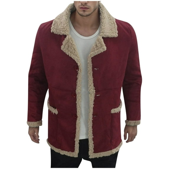 JUUYY Men's Classic Sheepskin Shearling Leather Jacket Solid Color Winter Warm Coat Red S