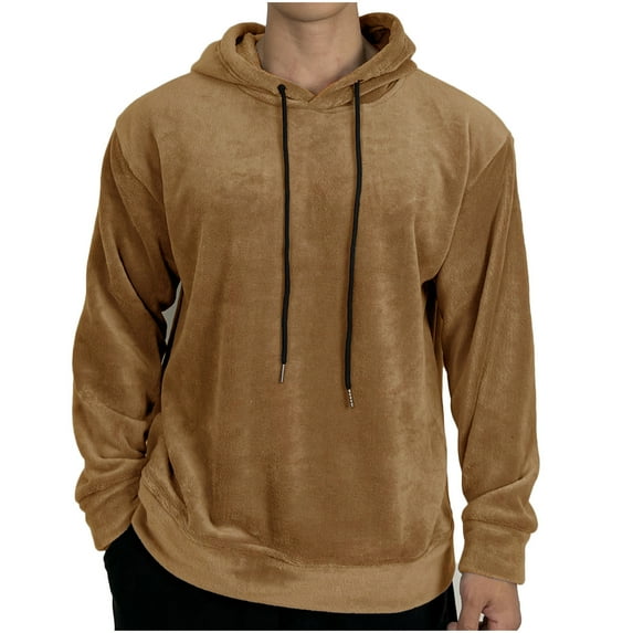 JUUYY Men's Coral Fleece Hoodie Winter m Heavyweight Sherpa Lined Hooded Pullover Jacket Long Sleeve With Drawstring Khaki XL