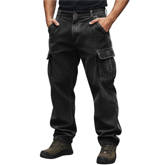 JUUYY Men's Corduroy Cargo Pants Casual Baggy Button Waist Wide Leg Sweatpants Multi-Pockets Loose Outdoor Hiking Active Trousers Black XL