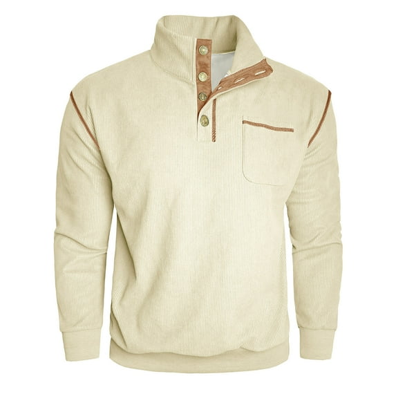 JUUYY Men's Corduroy Sweatshirt Casual Fleece Lined Warm Thermal Fall Winter Stand Collar Button Pullover Sweatshirts with Pocket Beige M