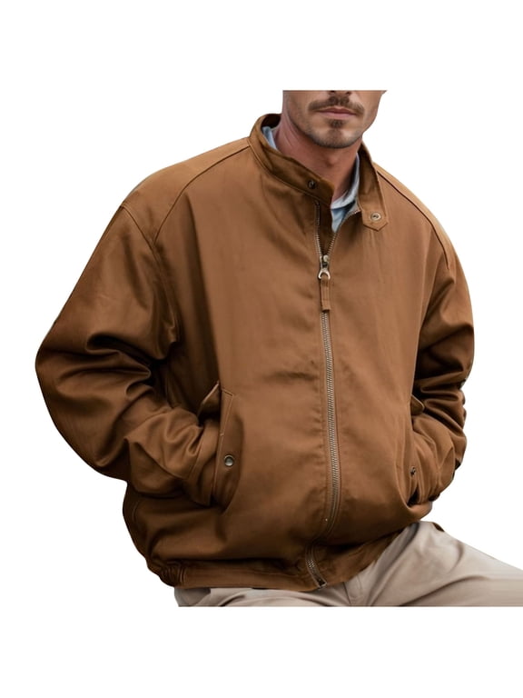 Men's Cotton Jacket Casual Lightweight Water Windbreaker Golf Coat Zip Up with Pockets Solid Color Bomber Jacket Brown M