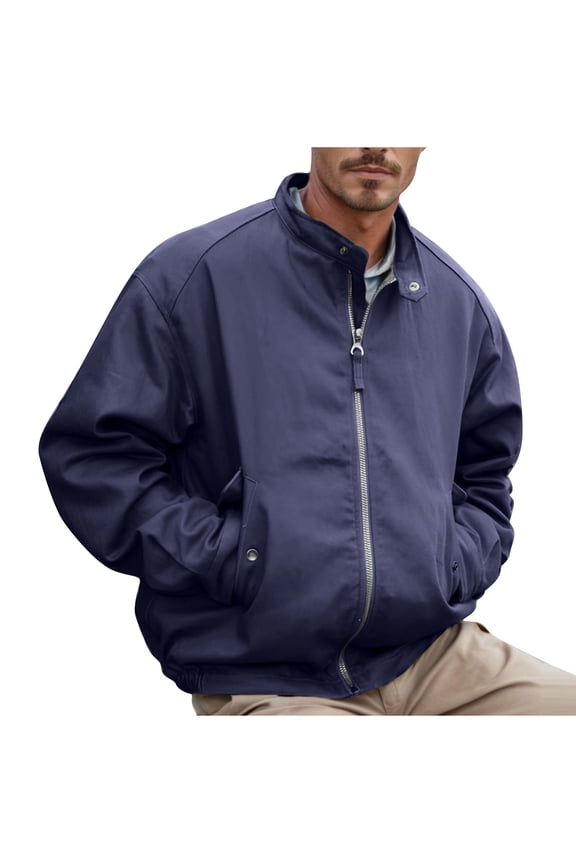 Men's Cotton Jacket Casual Lightweight Water Windbreaker Golf Coat Zip Up with Pockets Solid Color Bomber Jacket Navy L