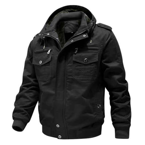 JUUYY Men's Cotton Lightweight Jacket Solid Color Stand Collar Coat Casual Full Zipper Multi Pockets Windbreaker Black L