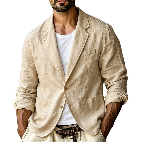 JUUYY Men's Cotton Linen Blazer Jacket Two Button Lapel Collar Long Sleeve Lightweight Solid Casual Suit Jacket Coat with Pockets Beige L