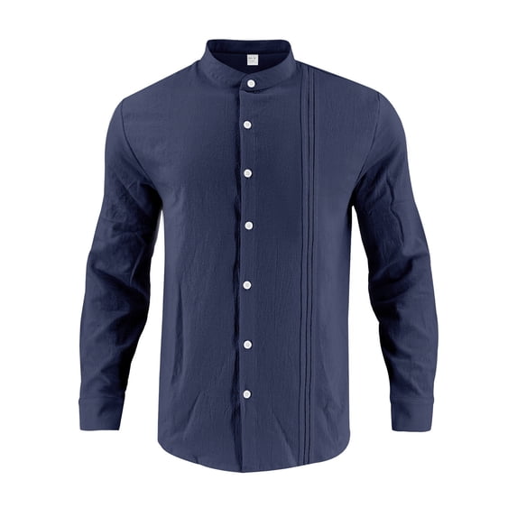 JUUYY Men's Cotton Linen Long Sleeve Shirts Casual Button Down Relaxed Fit Banded Collar Shirt Loose Vacation Beach Shirt Tops Navy S