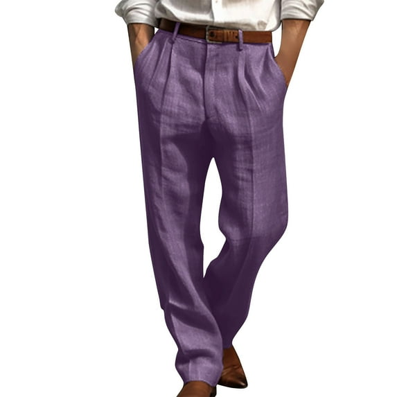 JUUYY Men's Cotton Linen Pants Straight Leg Pleated Solid Color Work Dress Pants Relaxed Fit Casual Leisure Chino Trousers Purple XL