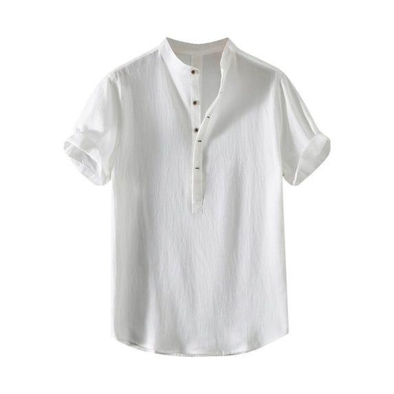 JUUYY Men's Cotton Linen Shirts Button Up Loose Fit Short Sleeve Tops Summer Casual Stand-up Collar Vacation Beach Blouse Tops White XXXL