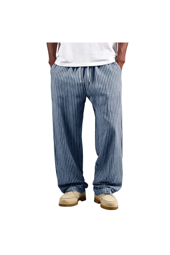 Men's Cotton Linen Striped Pants Loose Wide Leg Casual Trousers with Pockets Drawstring Elastic Waist Lightweight Beach Pants Navy L