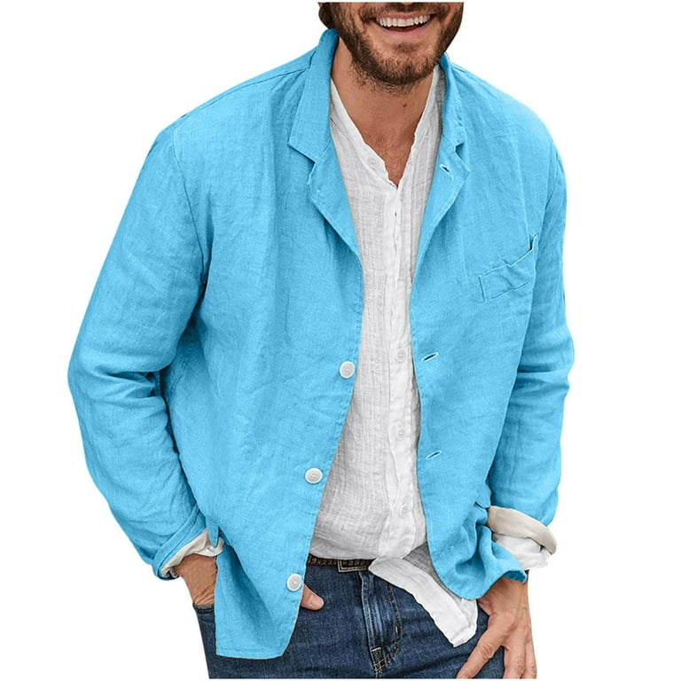 JUUYY Men s Cotton and Linen Button Casual Blazer Jacket Regular Fit Lightweight Long Sleeve Solid Color Summer Tops Blue S Walmart