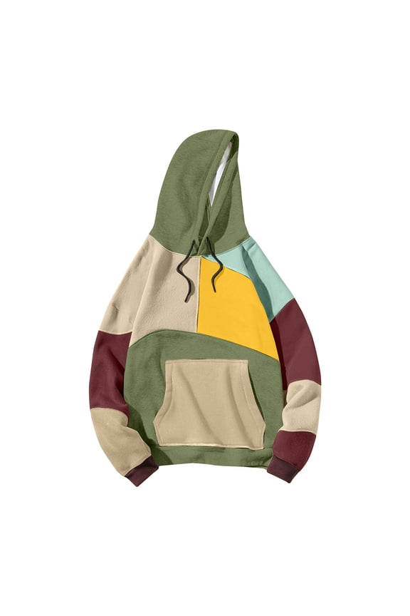 Men's Cowl Neck Pullover Hoodie Casual Color Block Long Sleeve Hoodies Drawstring Sweatshirt Tunic Tops with Pocket Khaki M