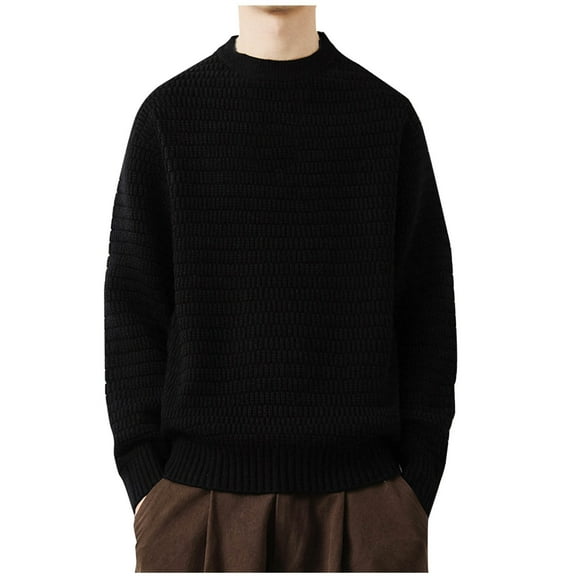 JUUYY Men's Crewneck Pullover Sweater Waffle Textured Long Sleeve Knitted Winter Warm Trendy Sweaters Black XL