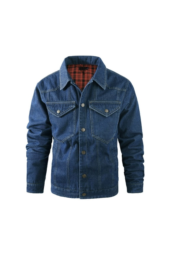 Men's Denim Jacket Flannel Lined Shacket Long Sleeve Button Down Trucker Jacket Casual Fashion Jean Coat with Pockets Dark Blue M