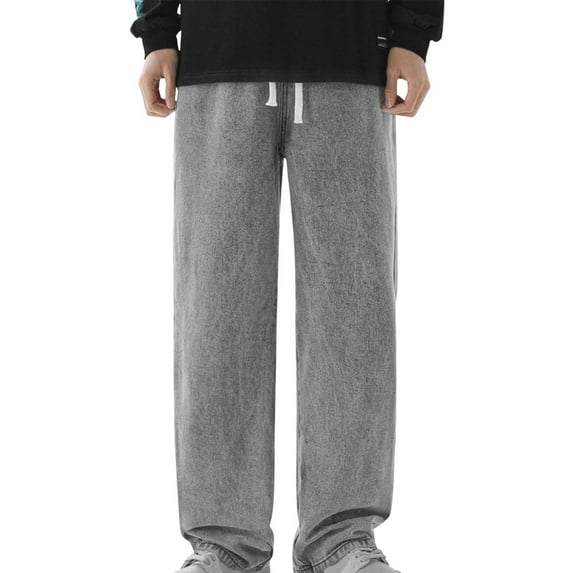 JUUYY Men's Denim Pants Relaxed Fit Vintage Straight Leg Jeans Pants Stretch Elastic Waist Drawstring Casual Simple Jean Pants with Pocket Beige XL