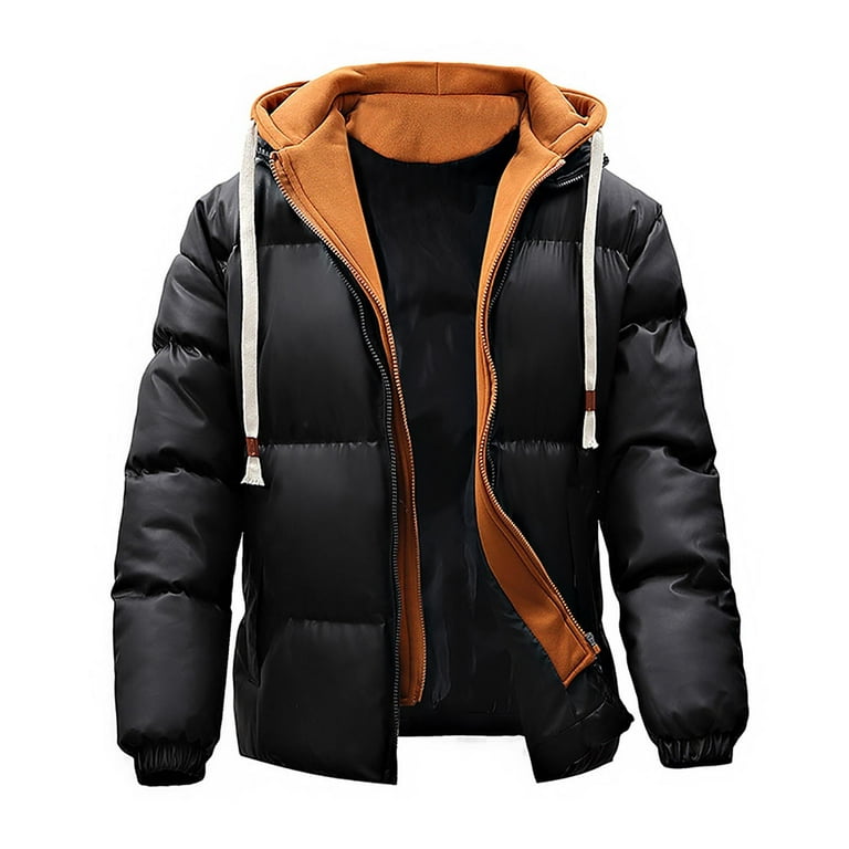 Juuyy Men s Down Jackets Winter Heavyweight Hooded Puffer Jacket Solid Color Zipper Coat Quilted Lined Oversized Padded Jacket Black L Size Large