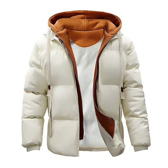 JUUYY Men's Down Jackets Winter Heavyweight Hooded Puffer Jacket Solid Color Zipper Coat Quilted Lined Oversized Padded Jacket White L