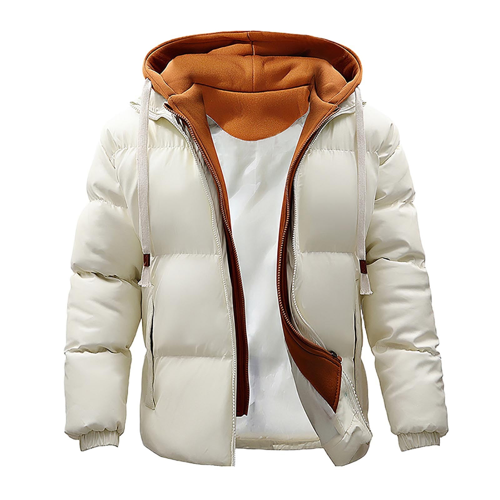 JUUYY Men s Down Jackets Winter Heavyweight Hooded Puffer Jacket Solid Color Zipper Coat Quilted Lined Oversized Padded Jacket White XL Walmart