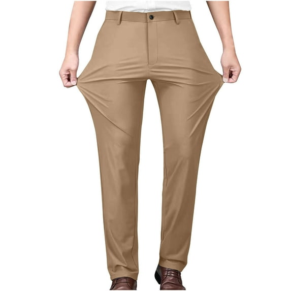 JUUYY Men's Dress Pants Regular Fit Stretch Flat Front Work Suit Pants Big Tall Casual Business Solid Color Office Trousers with Pockets Khaki XXXXL 40