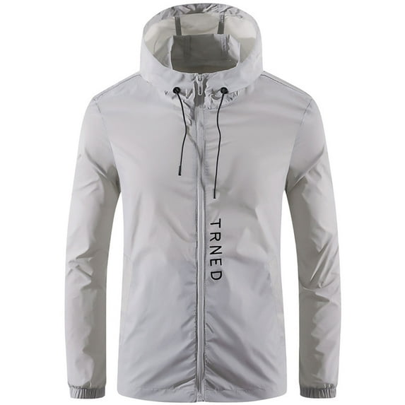 JUUYY Men's Fashion Long Sleeved Big and Tall Zip Hoodies Lightweight Rain Jacket Packable Softshell Raincoat Golf Hiking Travel Windbreakers Gray M