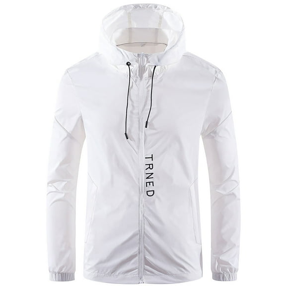 JUUYY Men's Fashion Long Sleeved Big and Tall Zip Hoodies Lightweight Rain Jacket Packable Softshell Raincoat Golf Hiking Travel Windbreakers White M