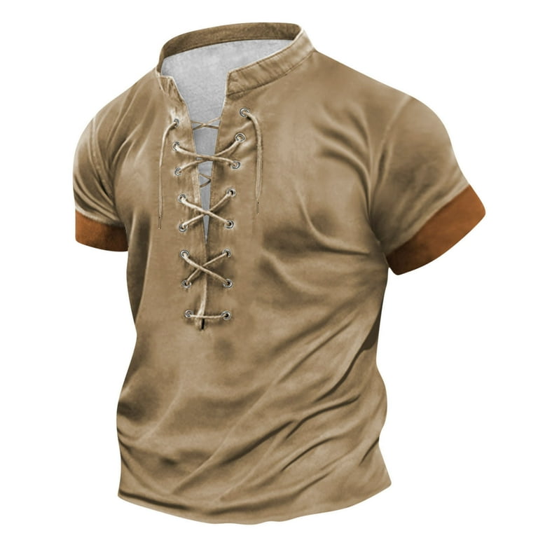 JUUYY Men s Fashion Vintage Lace up Short Sleeve Patchwork Solid Color T shirt Top Slim Fit Stand up Collar Plus Size Blouse Shirt Khaki XXXL Walmart