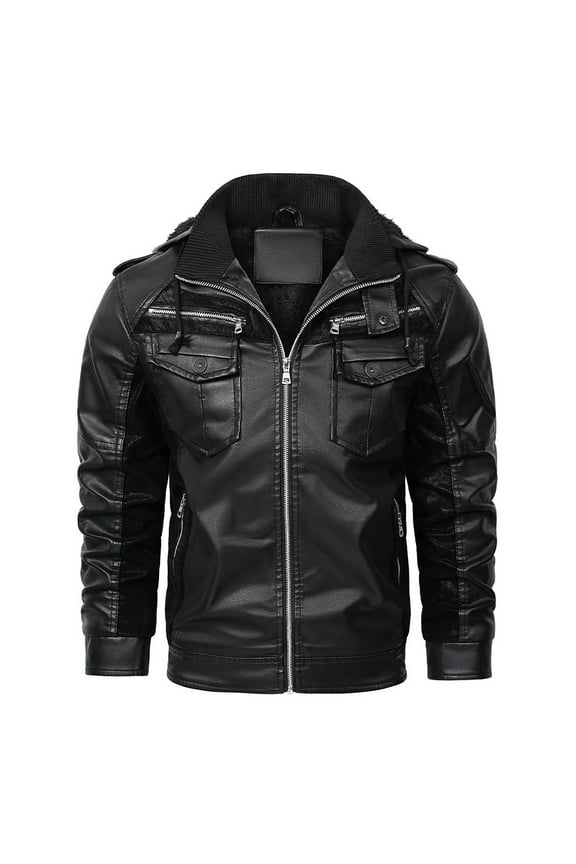 Men's Faux Leather Bomber Jacket Hooded Fleece g Coat Retro Velvet Leather Zipper Pocket Long Sleeved Winter m Motorcycle Jacket Black XXXXL