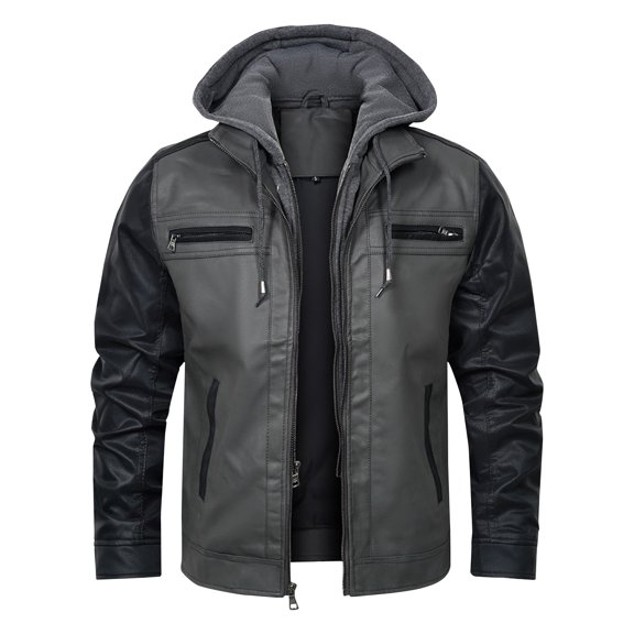 JUUYY Men's Faux Leather Jacket Motorcycle Jacket Waterproof PU Moto Vintage Bomber Hoodie with Removable Fashion Hood Black M
