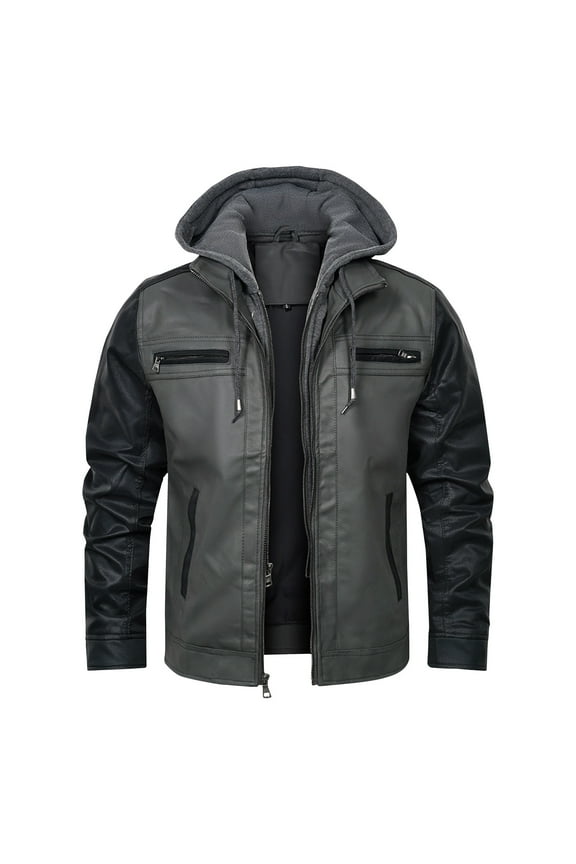 Men's Faux Leather Jacket Motorcycle Jacket Waterproof PU Moto Vintage Bomber Hoodie with Removable Fashion Hood Black M