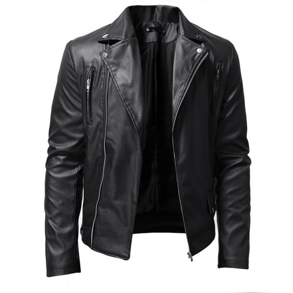 JUUYY Men's Faux Leather Jacket Stand Collar Bomber Jackets Motorcycle Asymmetric Zip-Up Blet Slim Solid Color Fit Biker Coat Black XL