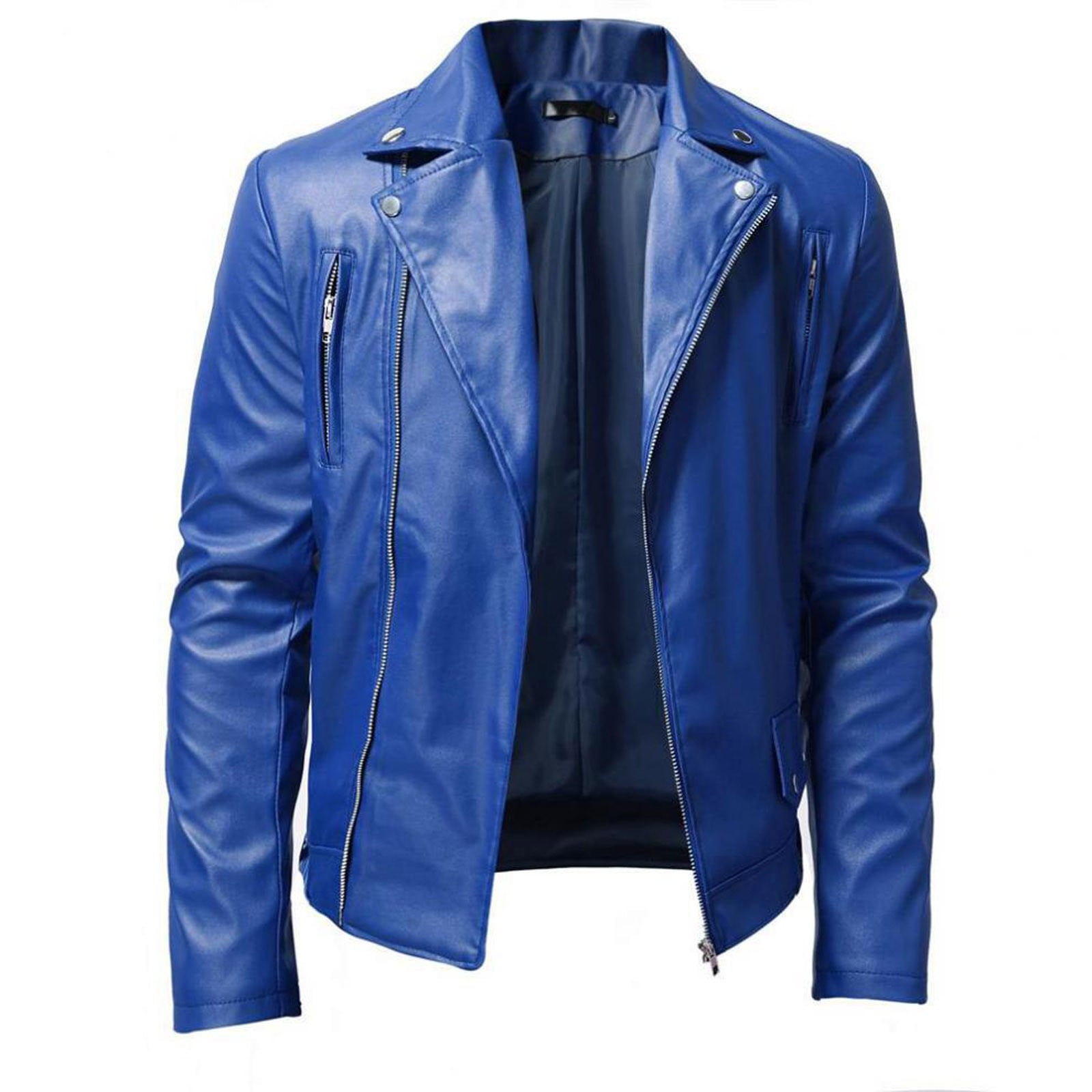 JUUYY Men's Faux Leather Jacket Stand Collar Bomber Jackets Motorcycle Asymmetric Zip-Up Blet Slim Solid Color Fit Biker Coat Dark Blue XXXXL