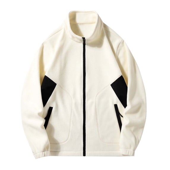 JUUYY Men's Fleece Jacket Full Zip Stand Collar Long Sleeve Warm Winter Outdoor Hiking Casual Thermal Jacket Outwear with Pocket White XXXL
