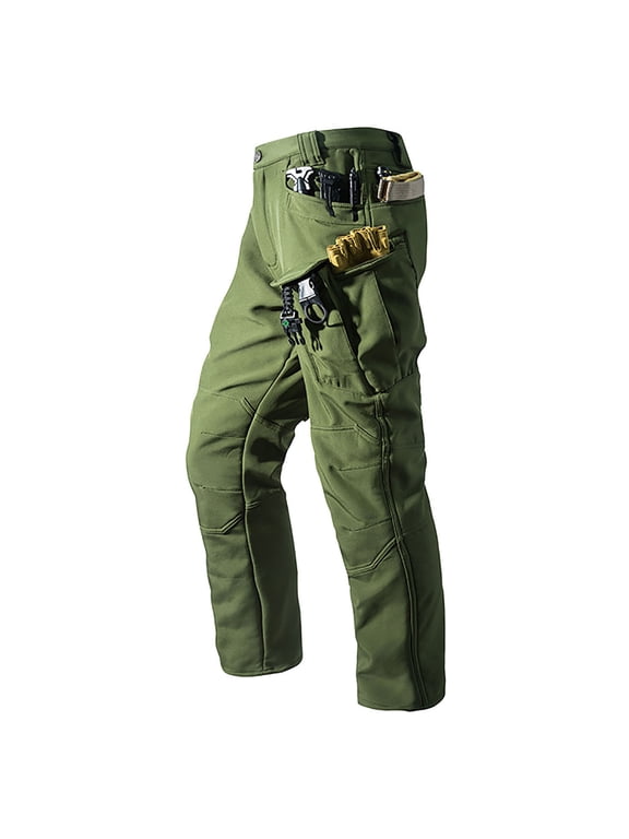 Men's Fleece Lined Cargo Pants Windproof Waterproof Thermal Outdoor Hiking Pants Multi Pockets Insulated Winter Work Pants Green M