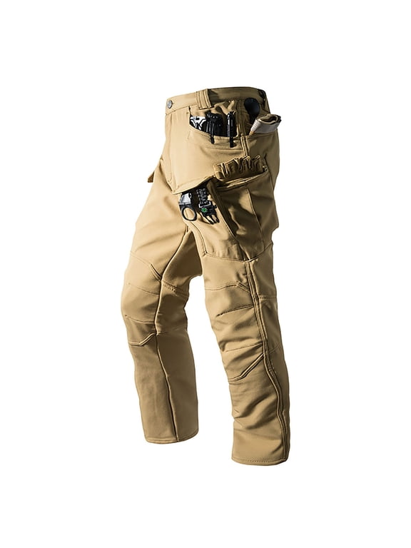 Men's Fleece Lined Cargo Pants Windproof Waterproof Thermal Outdoor Hiking Pants Multi Pockets Insulated Winter Work Pants Khaki M