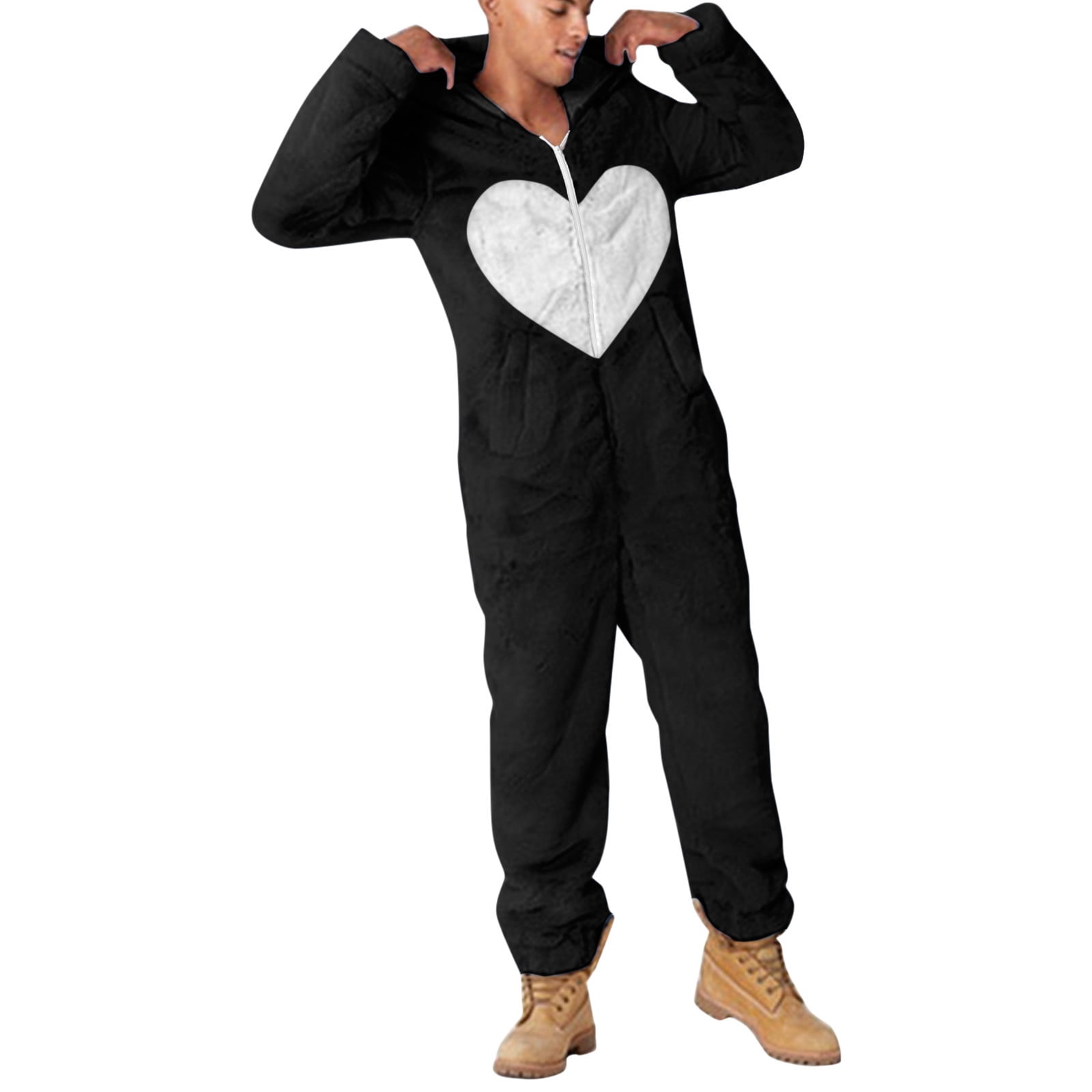 JUUYY Men's Fleece Onesie Hooded Jumpsuit Zip Up Love Patchwork One-Piece Pajamas Playsuit Jogger Sweatsuit Sleep Onesies Romper Black M