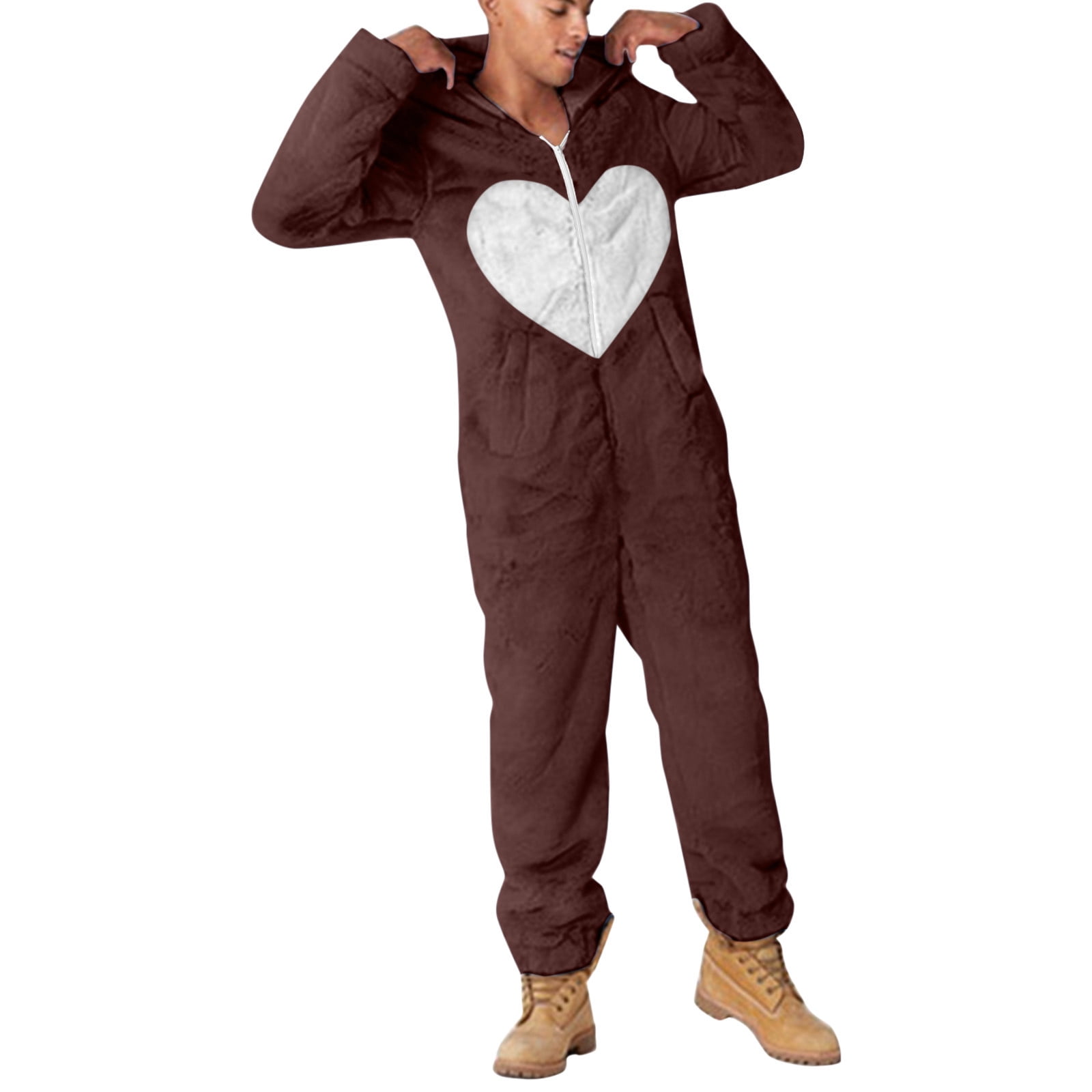 JUUYY Men's Fleece Onesie Hooded Jumpsuit Zip Up Love Patchwork One-Piece Pajamas Playsuit Jogger Sweatsuit Sleep Onesies Romper Brown L