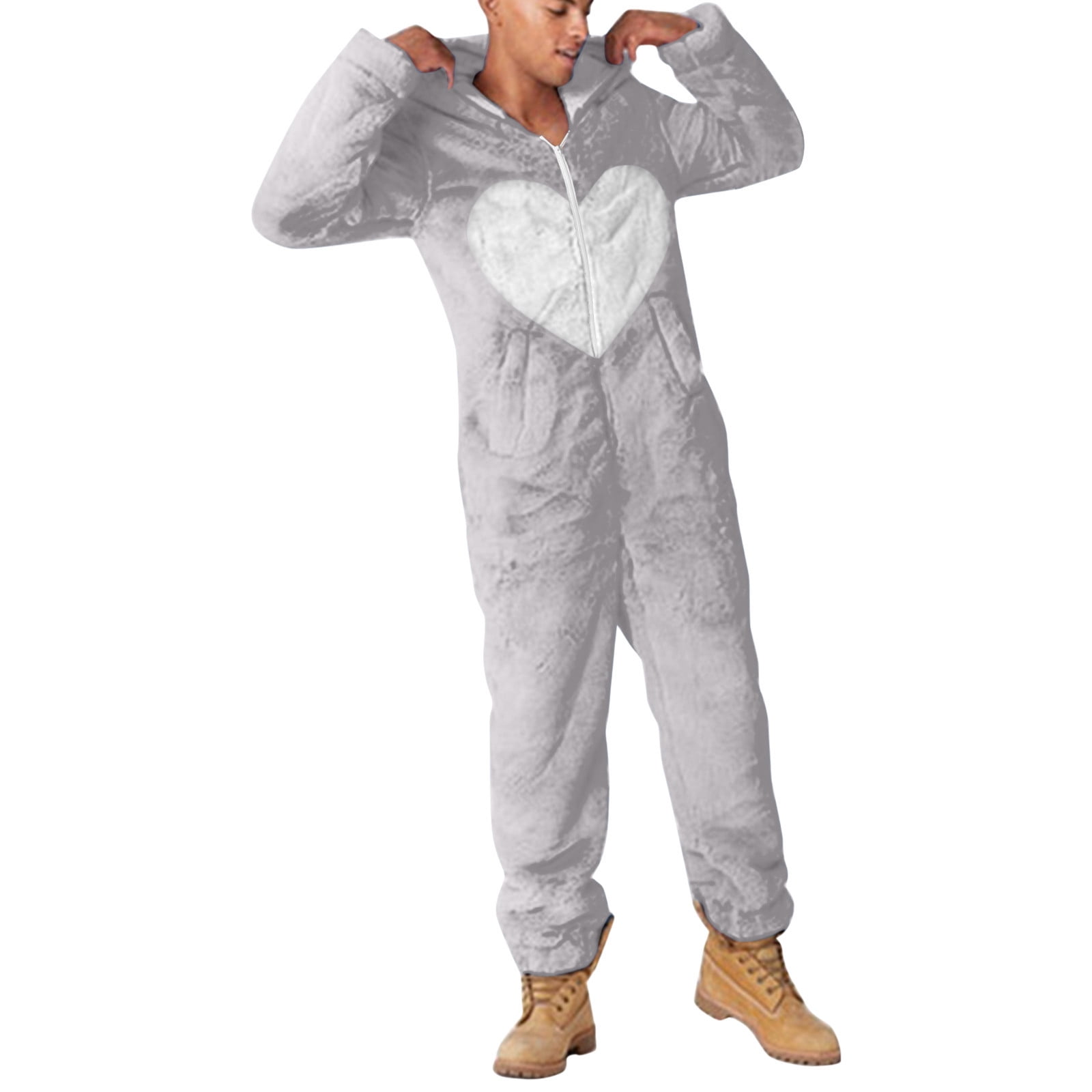 JUUYY Men's Fleece Onesie Hooded Jumpsuit Zip Up Love Patchwork One-Piece Pajamas Playsuit Jogger Sweatsuit Sleep Onesies Romper Gray XXXL
