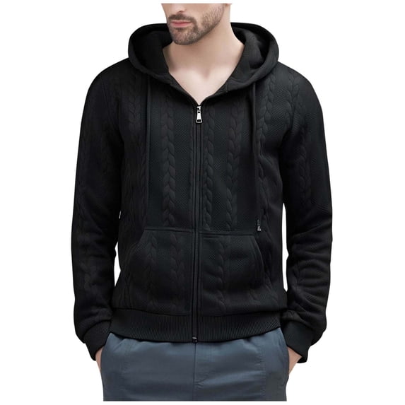 JUUYY Men's Full Zip Up Hooded Cardigan Sweater Casual Long Sleeve Textured Knit Loose Fall Hoodie Jacket with Pockets Black XL