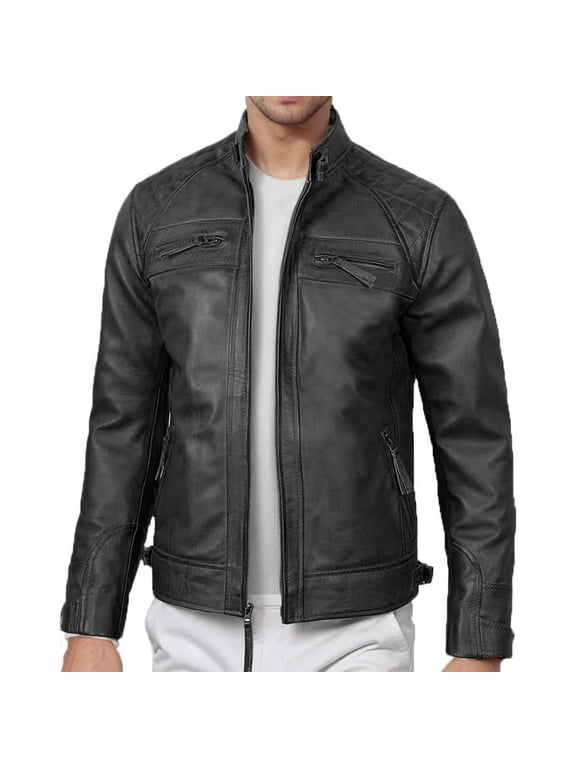 Men's Genuine Biker Leather Quilted Shoulders Jacket Cafe Racer Leather Full Zipper Fashion Jackets Black M
