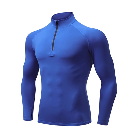 JUUYY Men's Half-Zip Mock Neck Athletic Shirt Stretch Raglan Long Sleeve Tight Muscle Running Fitness Workout Gym Training Tops Blue S
