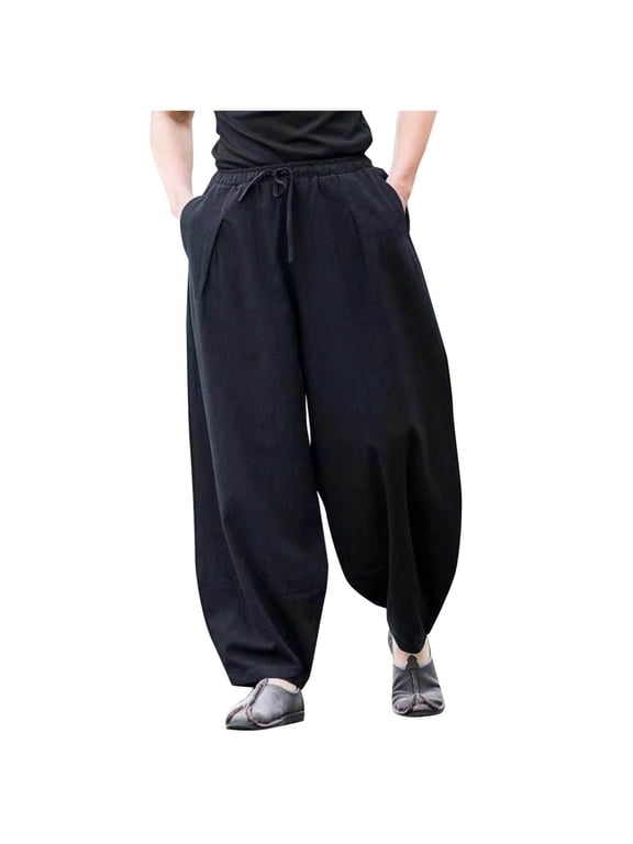 Men's Harem Pants Cotton Linen Elastic Waist Drawstring Wide Leg Lounge Pants with Pockets Beach Yoga Gym Outdoor Casual Pants Black XL