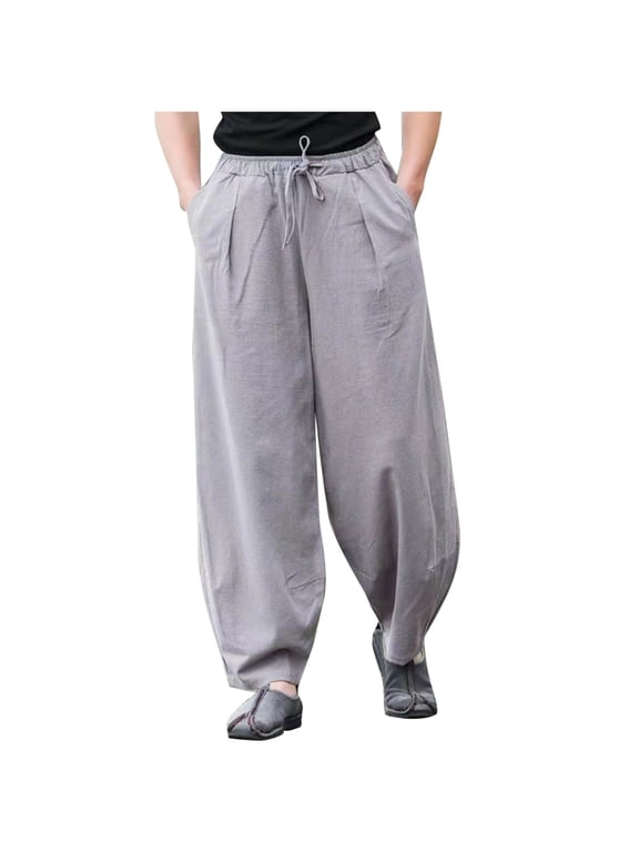 Men's Harem Pants Cotton Linen Elastic Waist Drawstring Wide Leg Lounge Pants with Pockets Beach Yoga Gym Outdoor Casual Pants Gray L