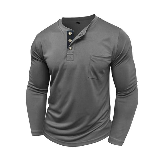JUUYY Men's Henley Shirt Long Sleeve Button Round Neck Lightweight Tee Shirts Casual Solid Color Basic Tees with Pocket Gray S
