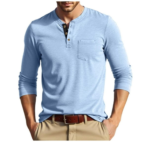 JUUYY Men's Henley Shirts Casual Long Sleeve Button T-Shirt Relaxed Fit Vintage Round Neck Leisure Shirt with Pocket Light Blue XL
