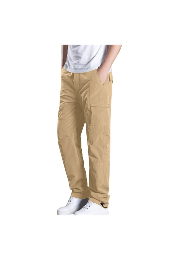 Men's Hiking Cargo Pants Casual Elastic Waist Multi Pockets Outdoor Work Pants Straight Leg Mountain Fishing Camping Pants Khaki XXXL