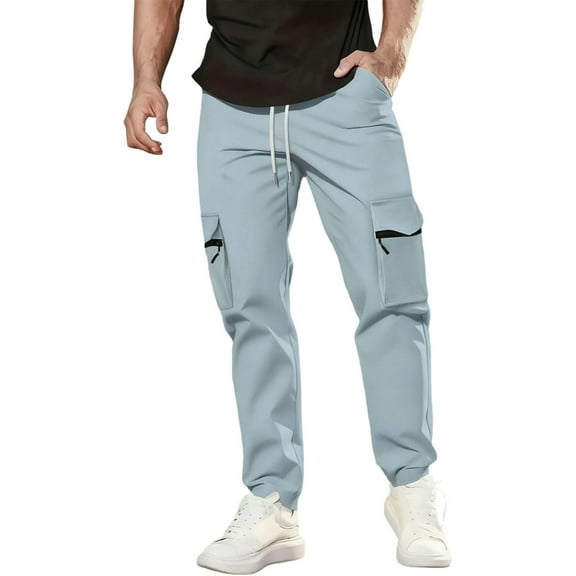 JUUYY Men's Hiking Pants Casual Outdoor Cargo Pants with Multi Pockets Elastic Waist Loose Fit Athletic Joggers Pants for Men Light Blue XXXL