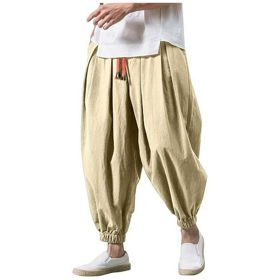 JUUYY Men's Hip Hop Harem Pants Fashion Solid Color Oversized Tapered Pants Casual Comfy Elastic Drawstring Baggy Trouser Khaki XXL
