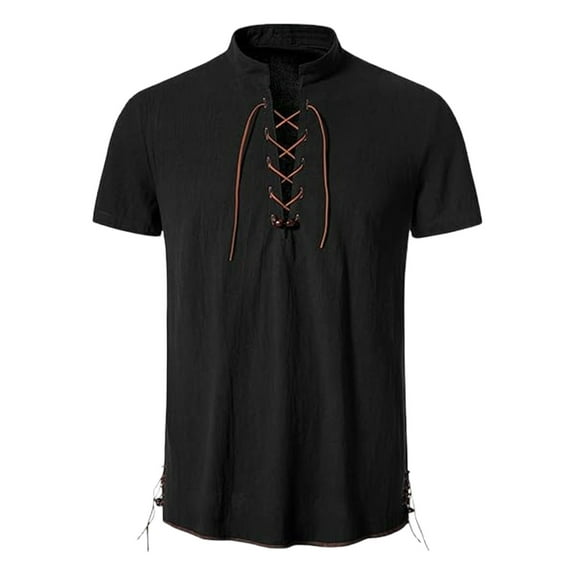 JUUYY Men's Hippie Shirt Cross Strap V-Neck Beach Shirt Loose Fit Casual Short Sleeve Stand Collar Breathable Summer Leisure Vacation Tops Black S