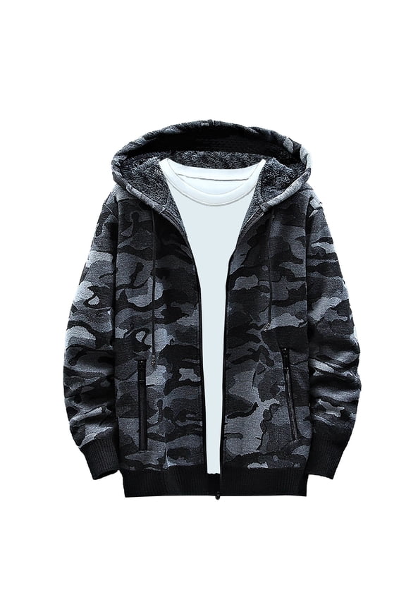 Men's Hooded Sports Jacket Fashion Camo Printed Fleece Drawstring Hoodies Coat Fall Winter Warm Snow Trendy Coat Tops Dark Gray M