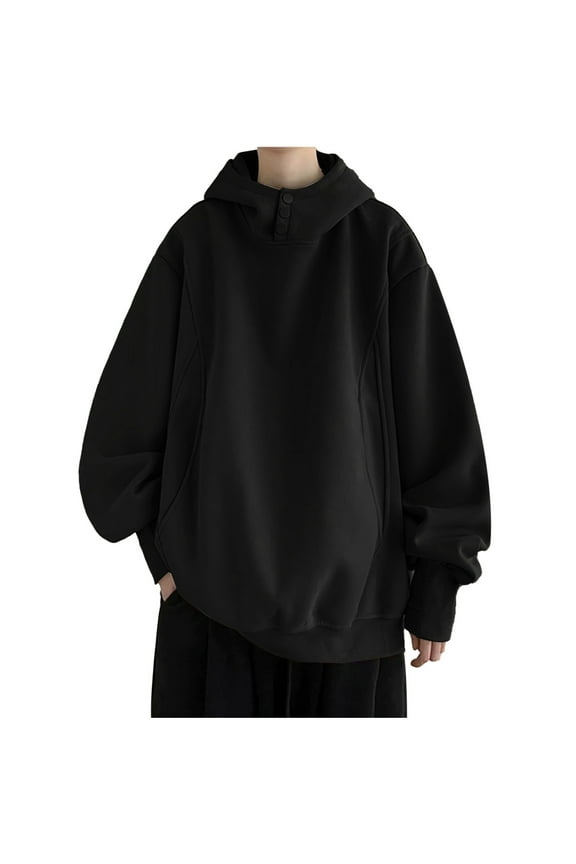 Men's Hoodie, American Trendy Streetwear, Casual Loose Pullover Sweatshirt for Men, 3 Snap Buttons Hooded Sweatshirt Black XL