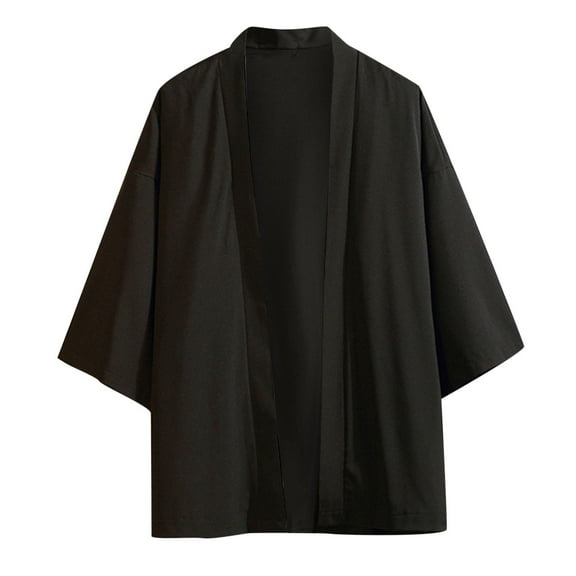 JUUYY Men's Ice Silk Solid Color Beach Kimono Shirt Japanese Bathrobe Open Front Cardigan Jacket Lightweight Casual Shirts Black XXXXL